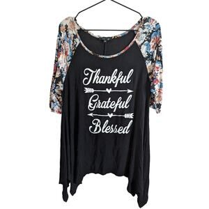 Dream Style Sz M Thankful Grateful Blessed Short Sleeve Tunic Top Black
